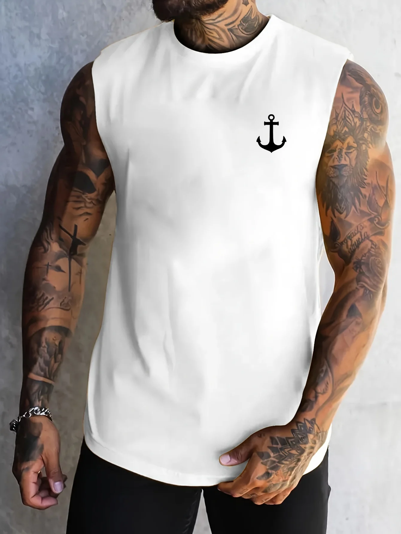 Men's summer casual sports fitness loose boat anchor pattern printed comfortable and breathable round neck sleeveless vest