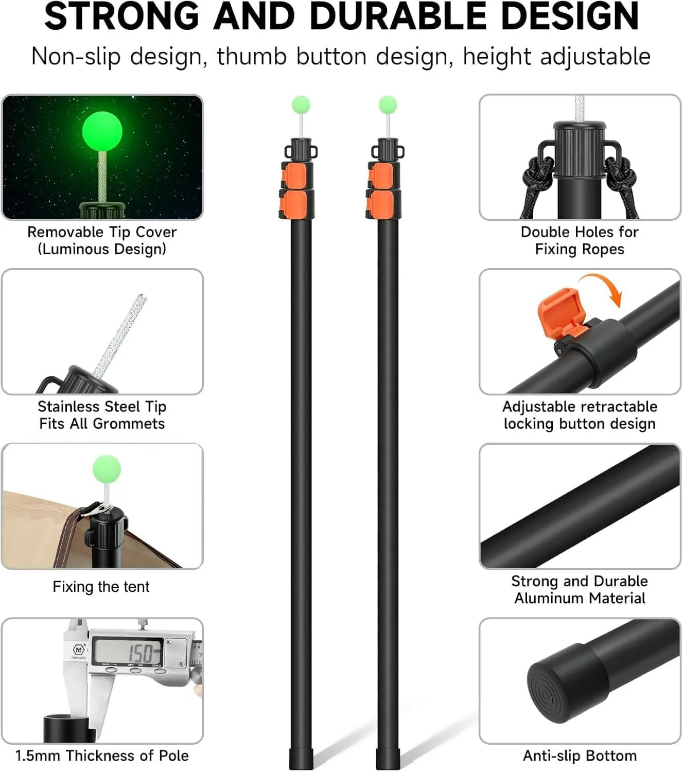 SANLIKE Tarp Poles Heavy Duty Telescoping 97" Adjustable Aviation Aluminum Canopy Rods Lengthen Thicken with Protection Cap Port view 4