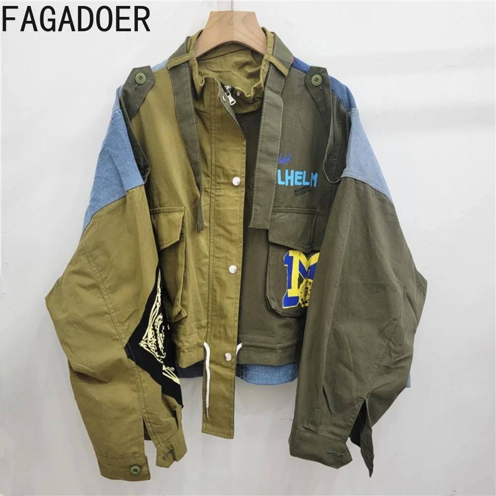 FAGADOER Retro Letter Printing Jacket Women Streetwear Green Cargo Pocket Denim Patchwork Fashion Coat Female Clothing 2025 New