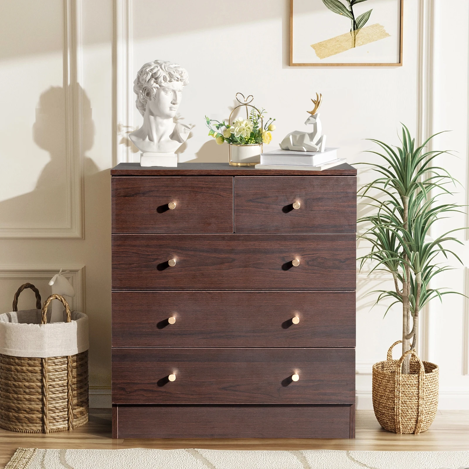 

9010 brown, particle board with triamine 66 * 33 * 73cm four layers and five drawers, chest of drawers, dumb gold handle