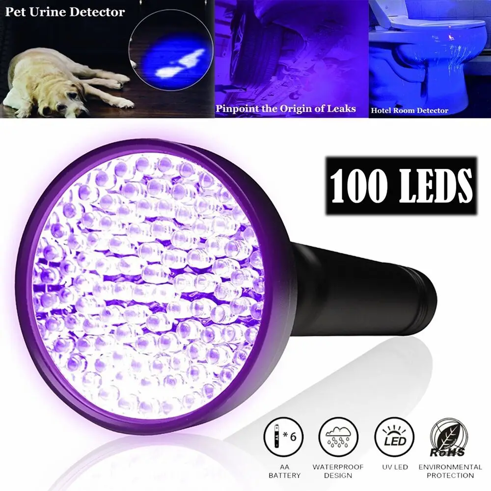 100LED UV Flashlight Ultraviolet Torch Blacklight Detection 395nm Lamp for Dog Cat Urine, Pet Stains, Bed Bugs, Scorpions 6*AA