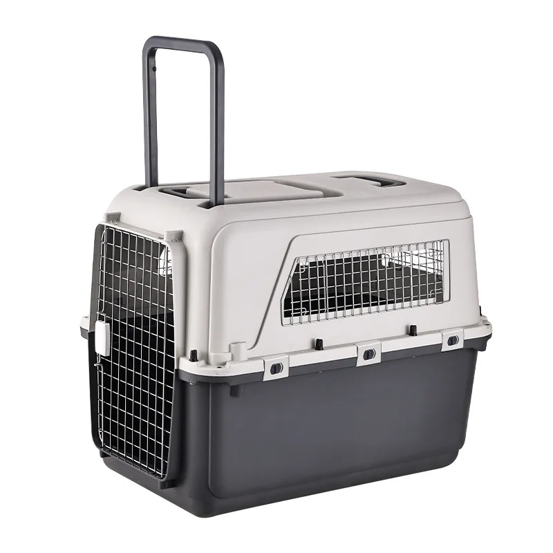 Plastic pet travel crate, breathable, portable, handheld and trolley check-in box