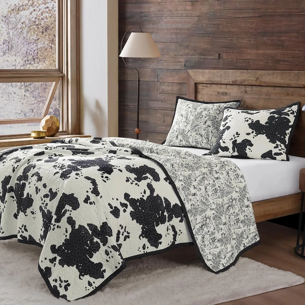 Indigo Hill by HiEnd Accents Clara Cow Print Bedding 3 Piece Super Queen Size Quilt Set, Black Cowhide Pattern, Reversible