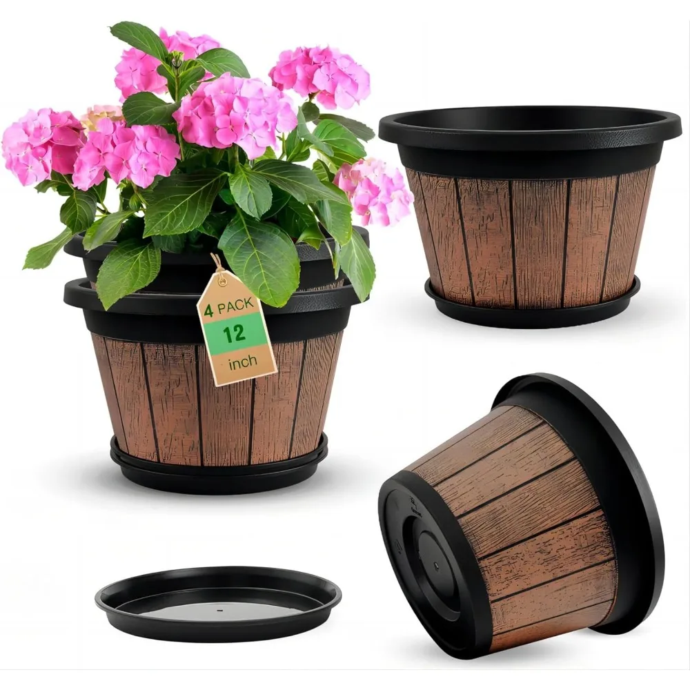 

4 Pack 12 inch Plant Pots,Whiskey Barrel Planters with Drainage Holes & Saucer,Plastic Decoration Flower Pots Retro Desig