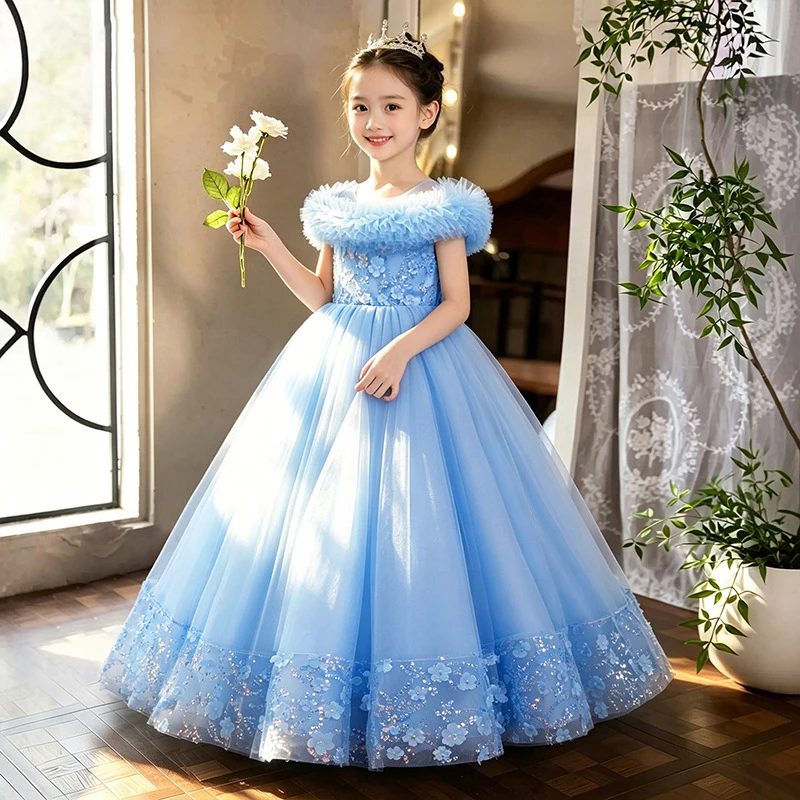 New evening dress for girls, high-end light luxury niche host piano lace floral bow princess dress