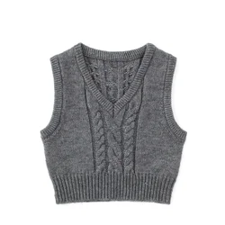 OOTD Grey V-Neck Knitted Vest Vintage Stylish Pullover Twist White Black Youthful PB&ZA Woman Female