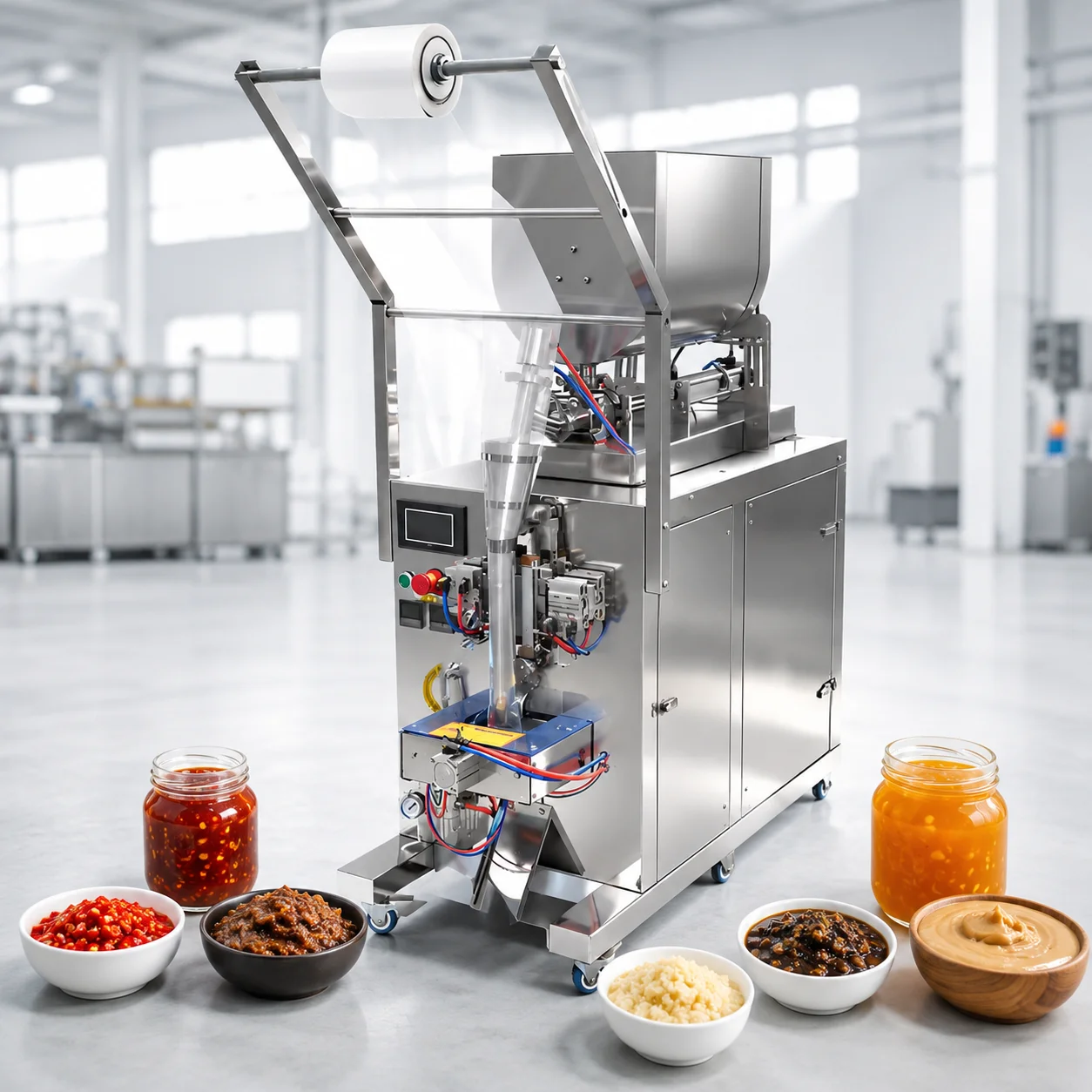 Vertical Sauce Packing Machine with Mixer for High Viscosity Paste and Sauce with Particles  Sauce Packing Machine