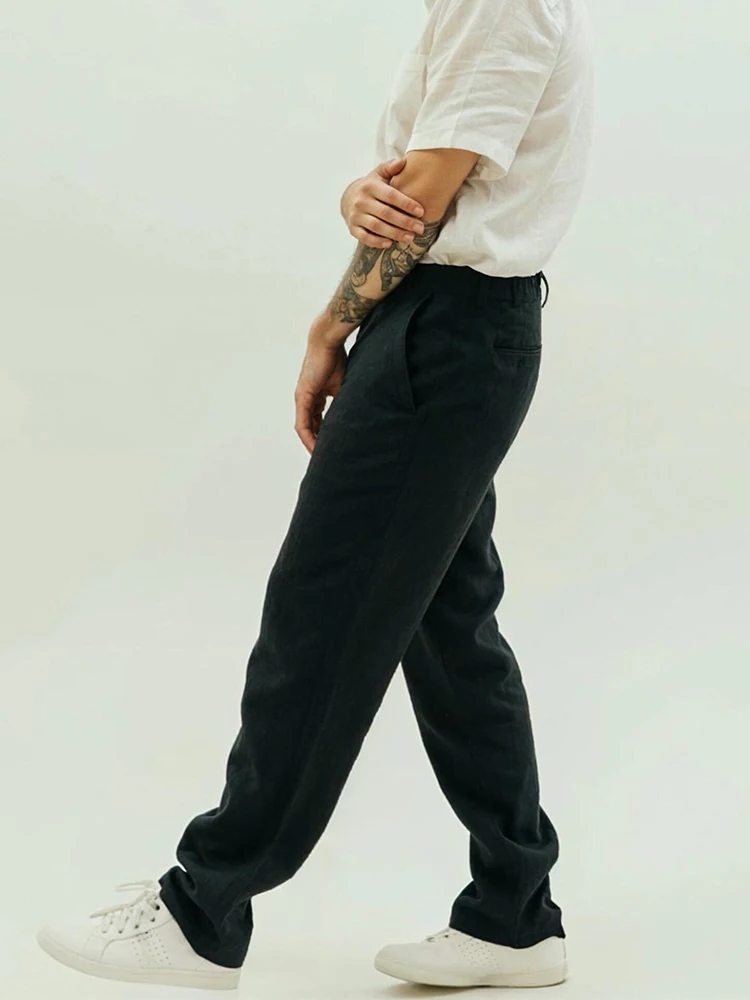 Casual ademende losse rechte broek heren herfst dagelijkse vrije tijd effen kleur broek heren lente vintage linnen broek