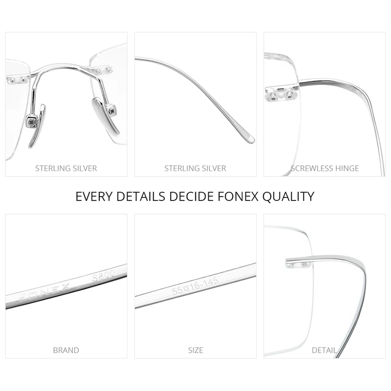 FONEX Sterling Silver S800 Glasses Frame Men 2022 New Rimless Eyeglasses Spectacles Eyewear FS001