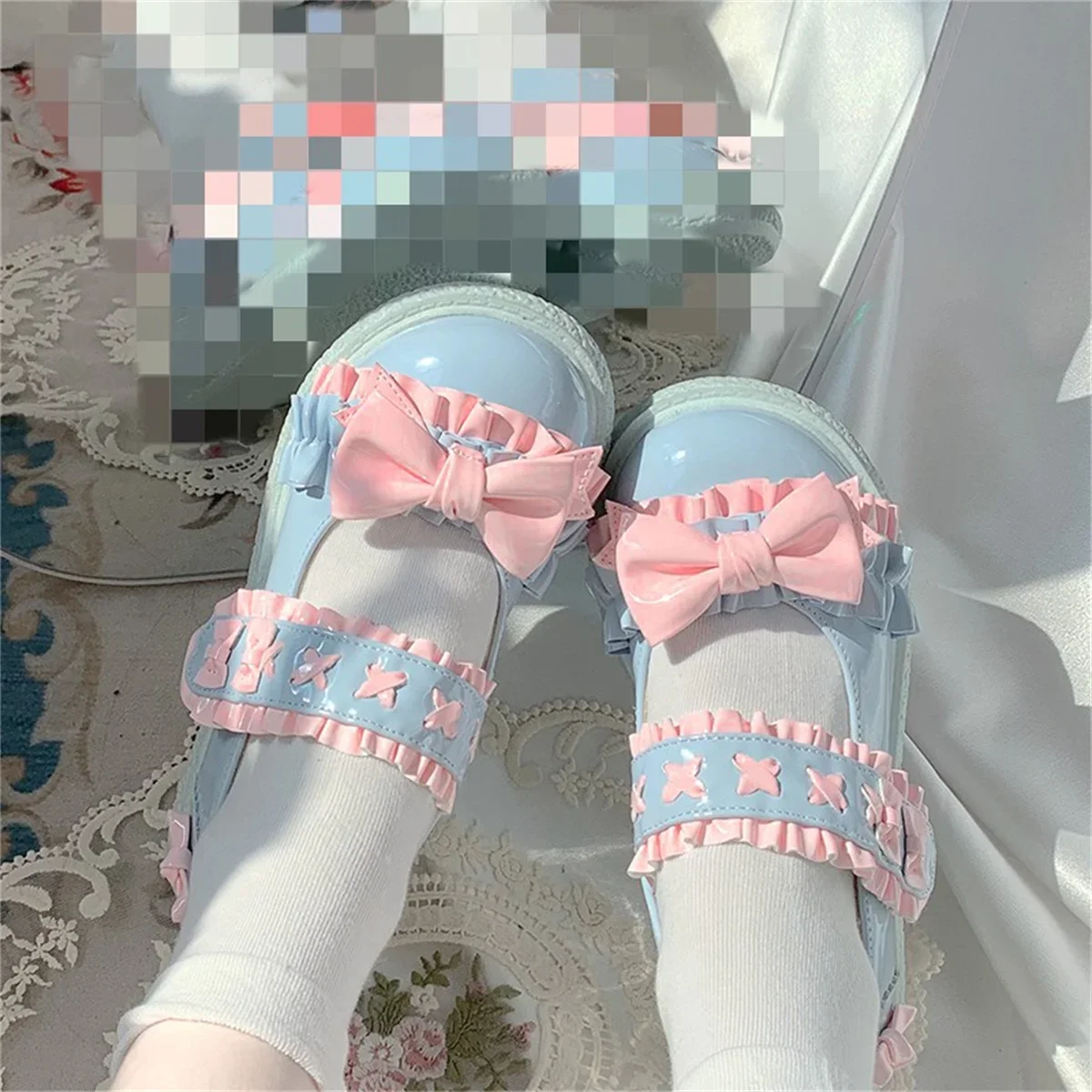 Japanese Sweet Girl Style Loretta Shoes Round Head Flat Bottom Candy Colored Kawaii Loretta Lovely Bow Ruffled 3-5cm Heel Shoes