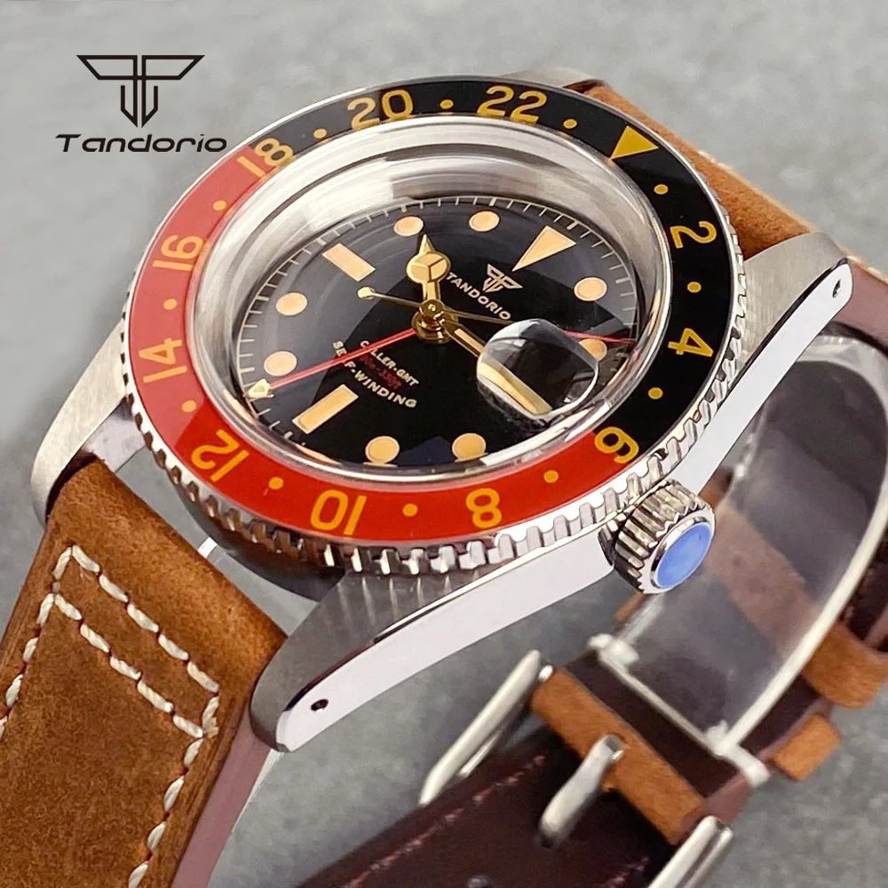 

Tandorio 38mm GMT Men Automatic NH34 Watch Sapphire 20BAR Dive Mechanical Fashion Wristwatch 24H Glass Bezel Date Clock Leather