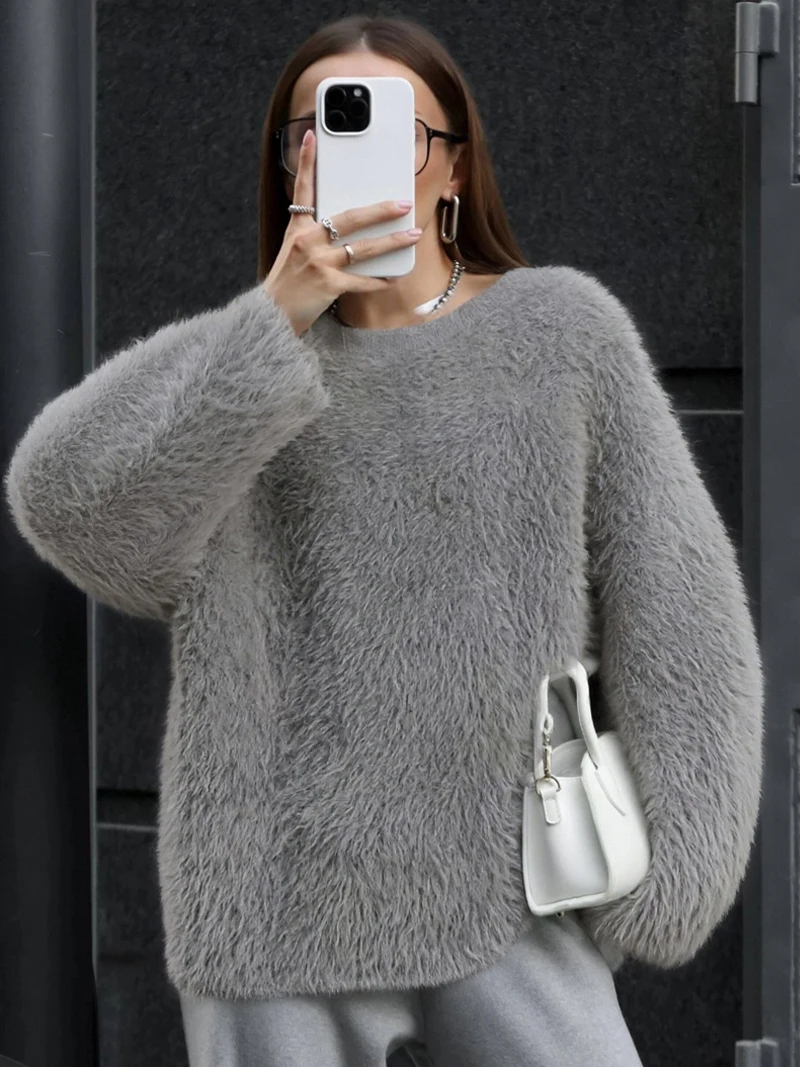 

Модный свитер из искусственного меха норки, женские свитера большого размера, однотонный свободный пуловер с круглым вырезом, топ, осень-зима, толстые мягкие вязаные джемперы