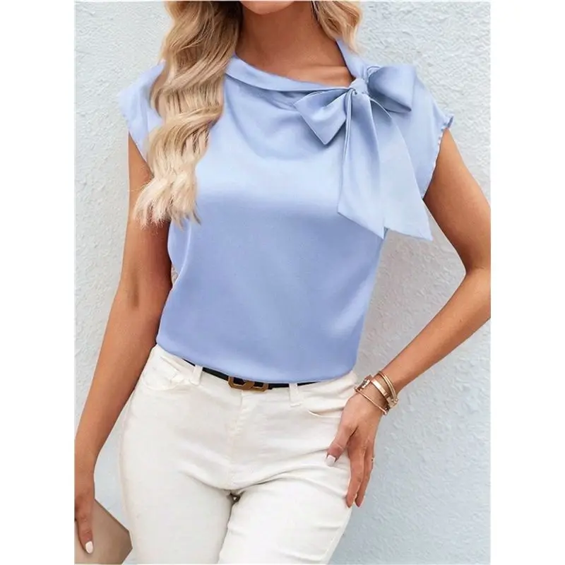 CYL-여성용 보타이 모크넥 캡 슬리브 새틴 블라우스 오피스 셔츠