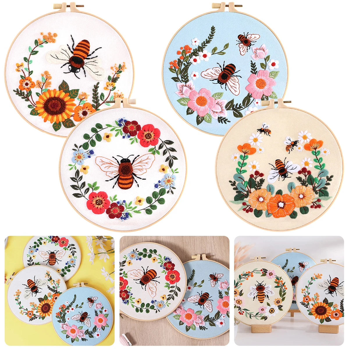 

4Pcs Embroidery Starter Kit for Beginners Adults DIY Bee Embroidery Stitch Kit Colorful Flower Embroidery Stitch Practice Kit