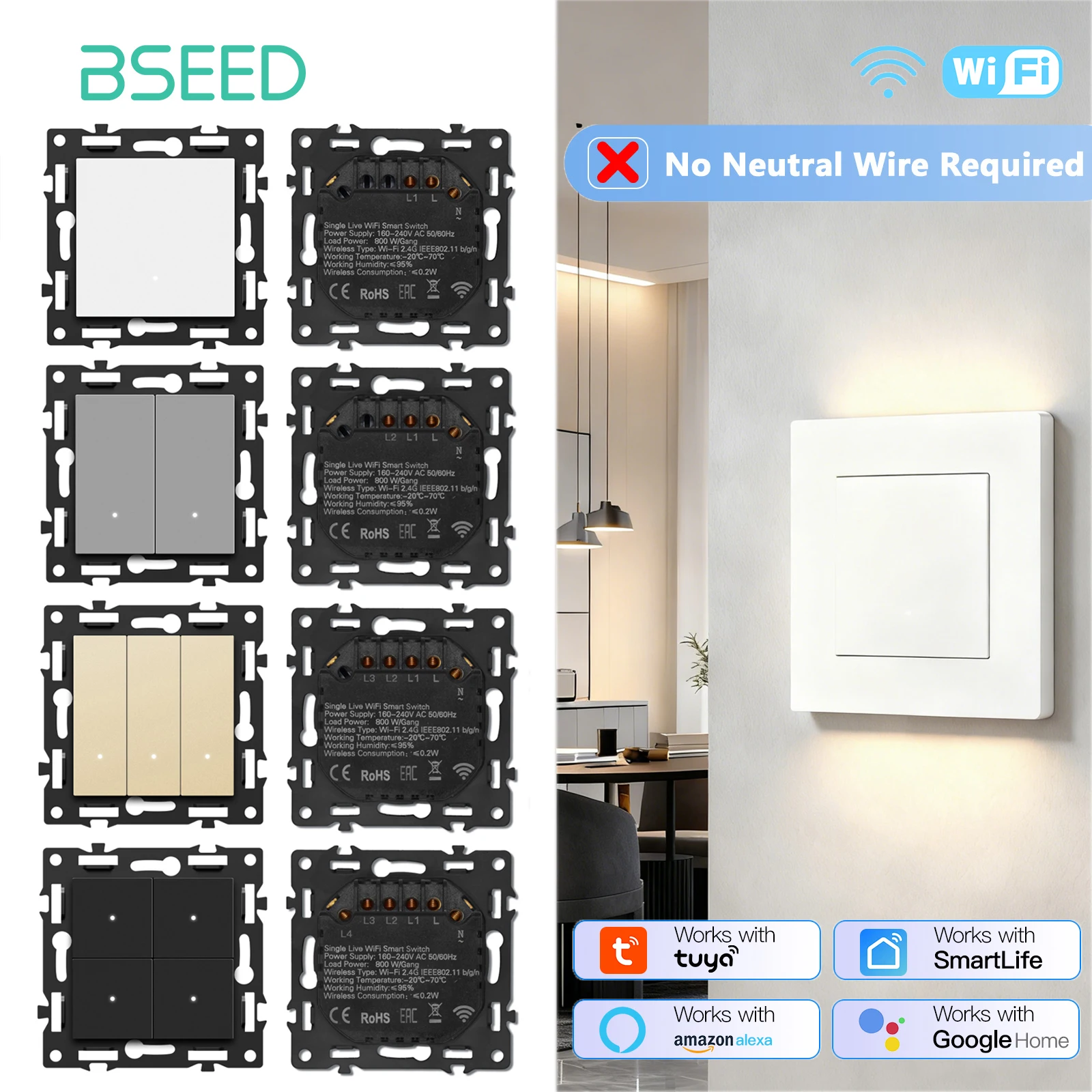 BSEED E Series Single WIFI Click Switch Function Part Smart Light Switch DIY Part Free Combination No Neutral Line