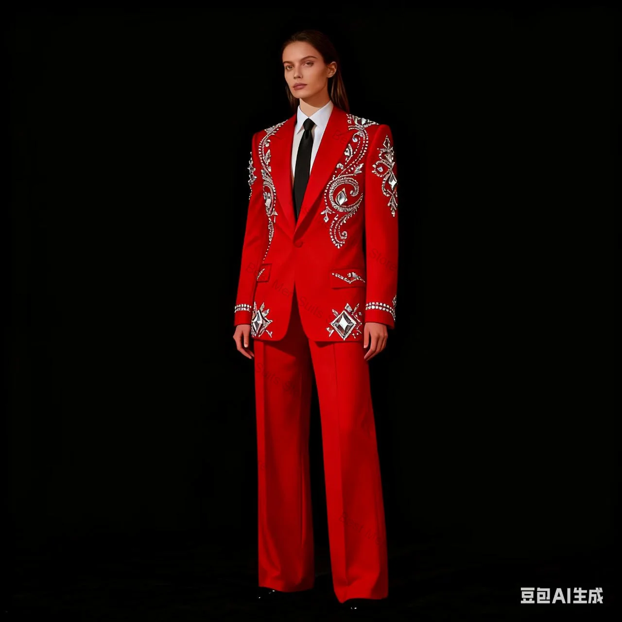 

Red Crystals Women Suit Set 2 Pcs Blazer+Pants Trousers Cotton Autumn Formal Office Jacket Customized Wedding Guest Prom Coat