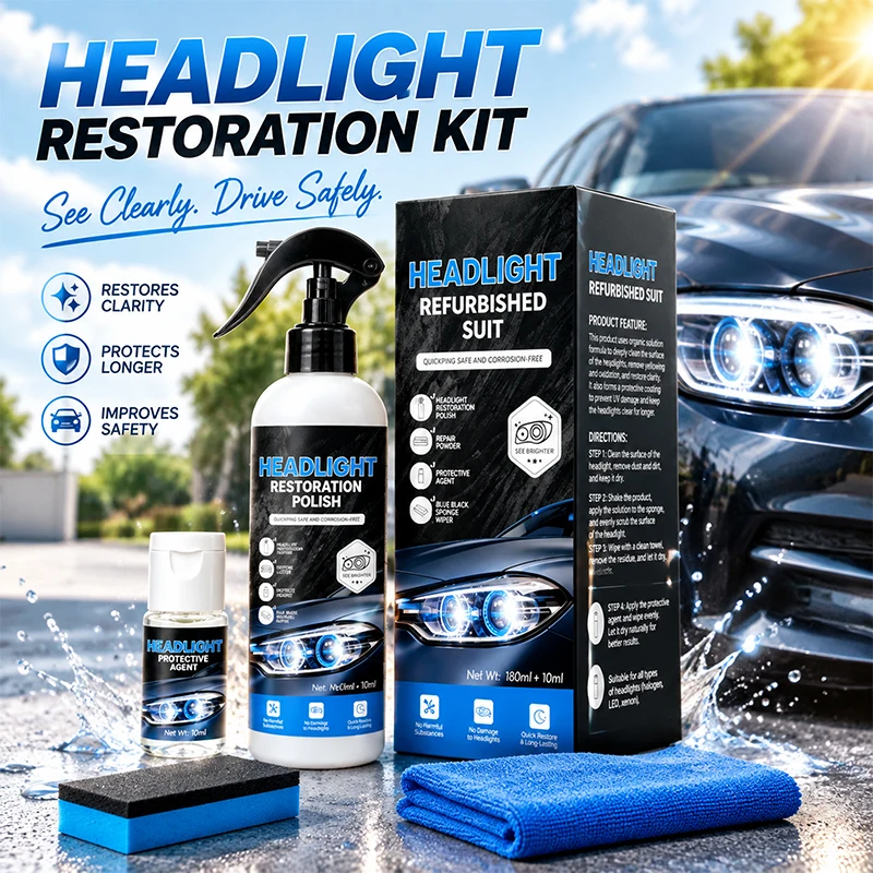 Headlight Restoration Kit 190ml Car Headlight Cleaner and Polish, Remove Yellow Oxidation, UV Protection Sealant Improves Safety