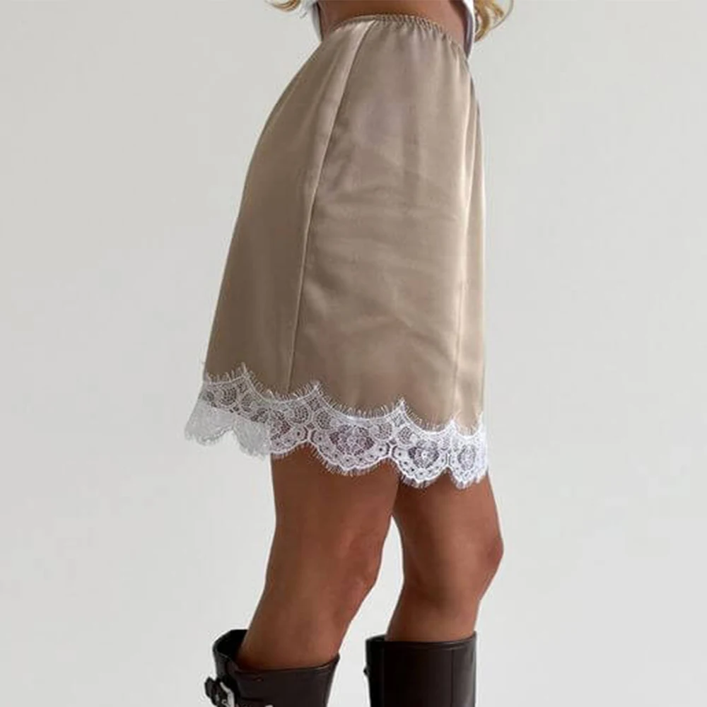 

Women Vintage Lace Satin Mini Skirts Y2K Aesthetic Lace Trim Silk Slip Skirts Low Rise Bodycon Going Out Underskirt Streewear