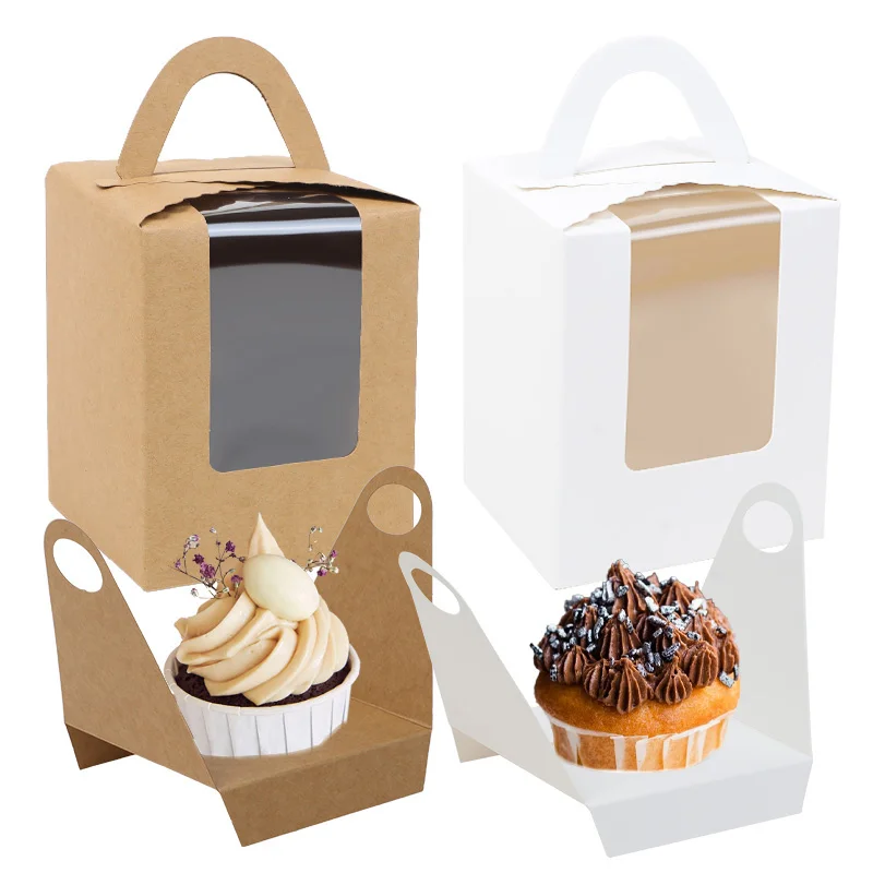 5pcs White/kraft Paper Hand-held Cake Box With Transparent Window Birthday Party Baking Dessert Cake Gift Packaging Box