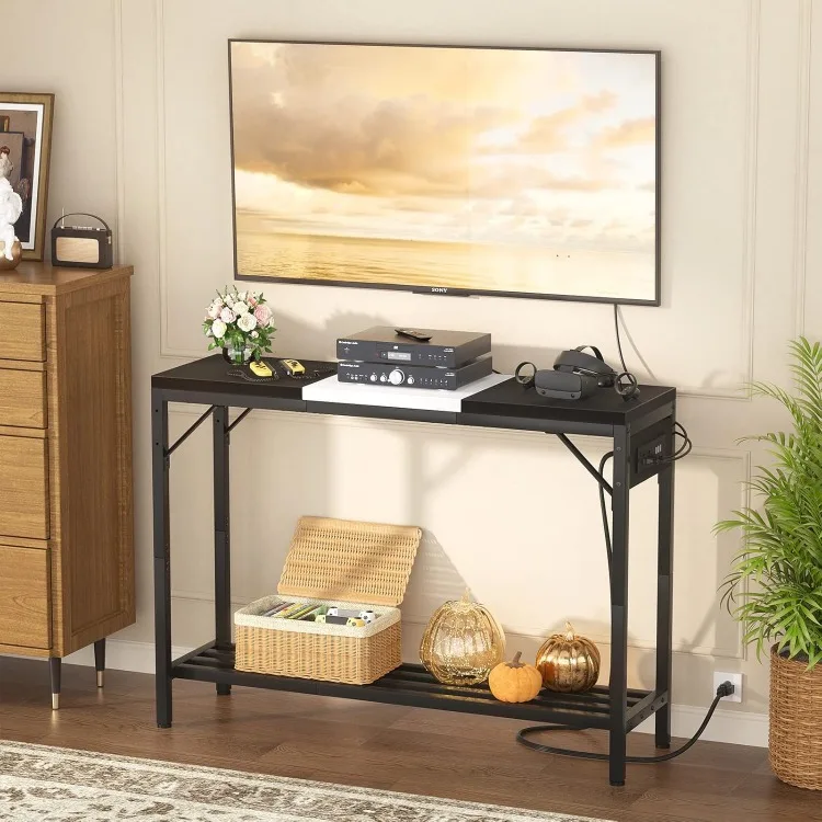 Narrow Console Table with Power Strips, Sofa Table with Storage Shelves for Living Room, 2-Tier Foyer Table