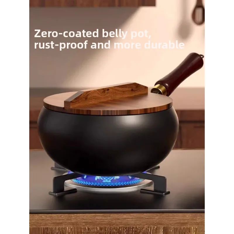 Authentic handmade Zhangqiu belly pan iron pan official genuine household wok uncoated non-stick wok