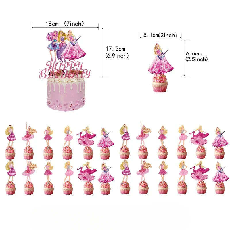 Barbie Party Decoration Children Theme Party Banner Cupcake Toppers Balloons Birthday Party Supplies Cartoon Scene Layout Props