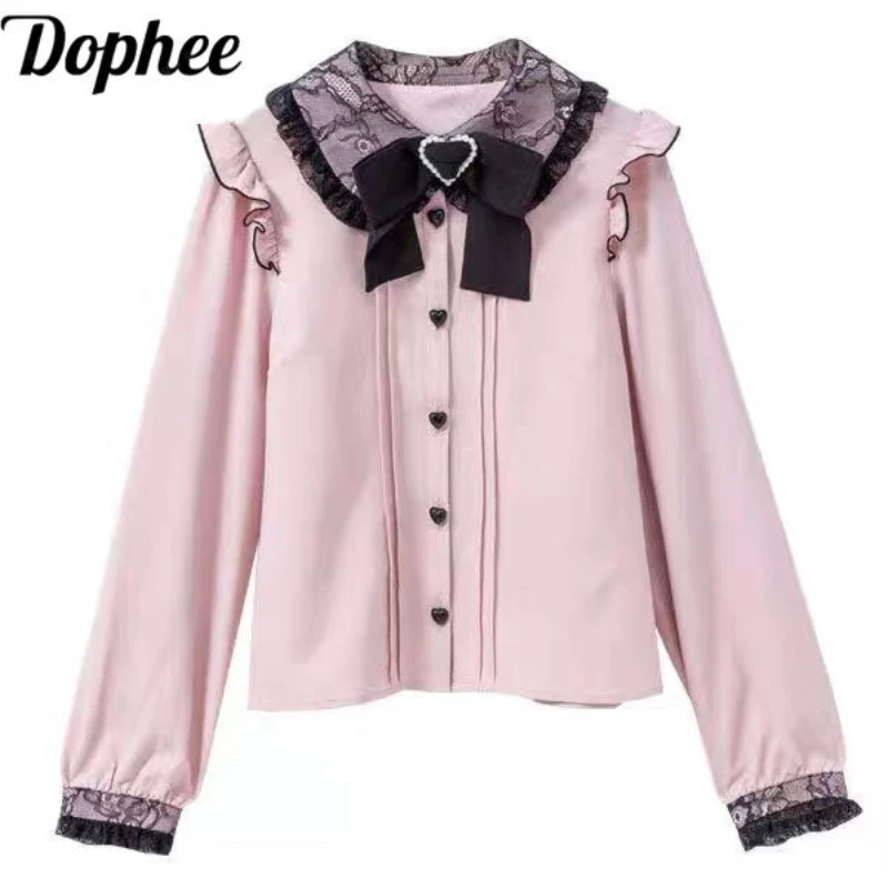 

Dophee Japan Style Spring Autumn Long Sleeve Women Shirts Cute Bow Lace Peter Pan Collar Lolita Top Gothic Princess Blouses