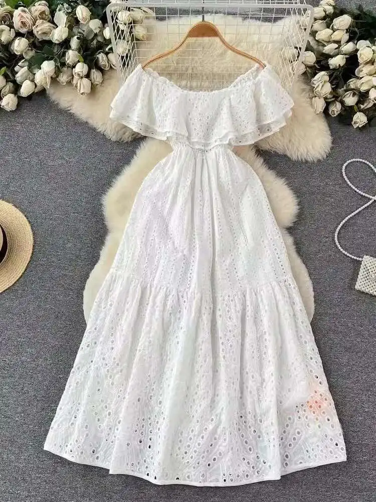 여성용 섹시한 컷 아웃 숄더 오프 레이어 프릴 자수 드레스, 신축성 허리, 홀리데이 롱 베스티도 비치, 빅 사이즈 슬림, 여름