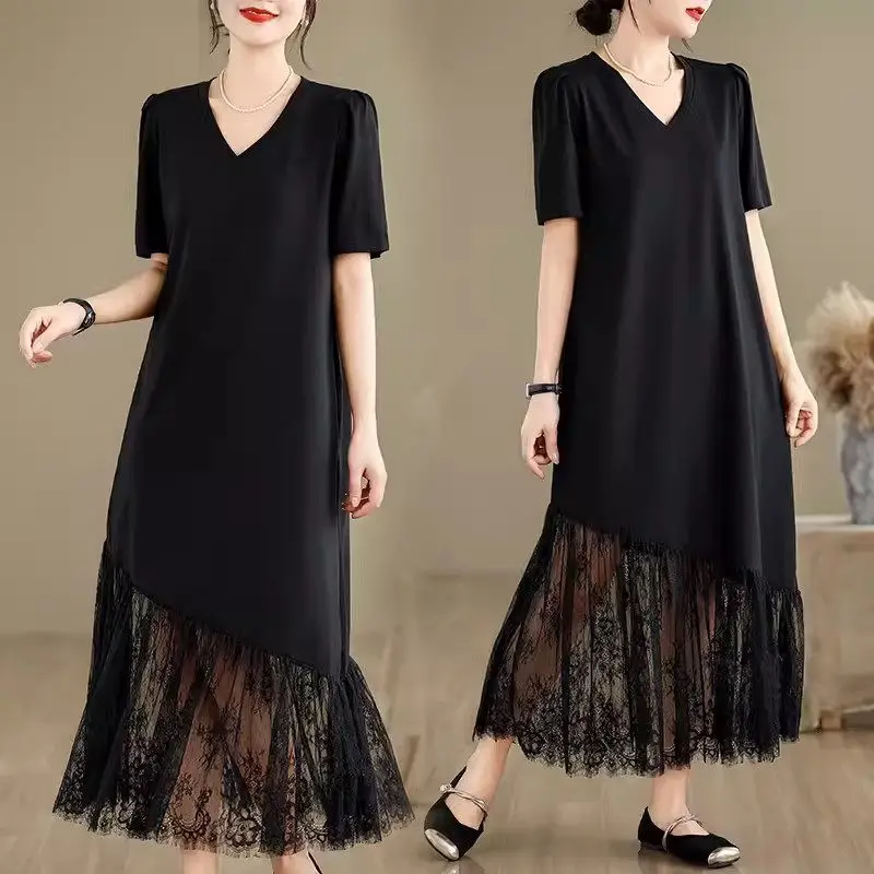 

High End French Lace Patchwork Dress For Women 2024 Summer Simple And Fashionable V-Neck Short Sleeve Versatile Black Dress K752