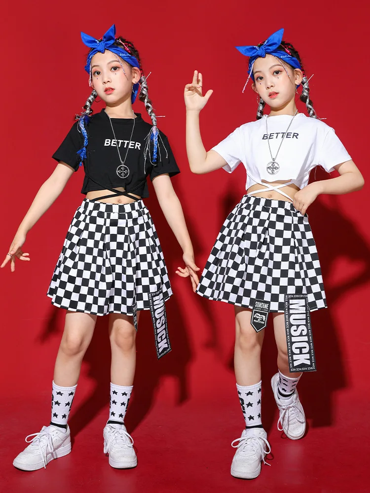 طفل Kpop الهيب هوب الملابس أبيض أسود الدانتيل يصل المحاصيل الأعلى تي شيرت الشارع متقلب تنورة صغيرة لفتاة ملابس رقص الجاز الملابس