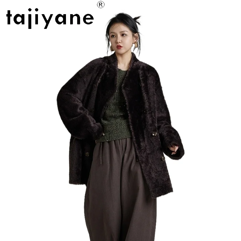 TAJIYANE Soft Merino Lamb Fur Shearling Jackets Loose Outerwear Stand Collar Real Fur Coat Woman Fourrure Mid Length Overcoat