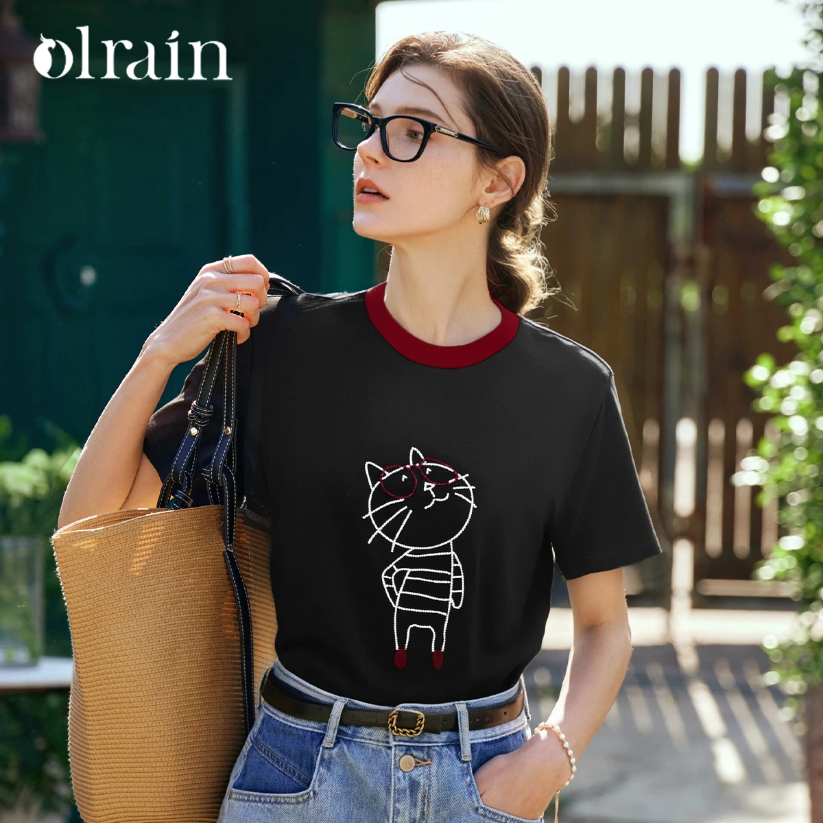 

OLrain Women's Summer 2025 Graphic T-Shirts Black Round Neck Female Short Sleeve Cartoon Contrasting Woman Clothing O57XT98028
