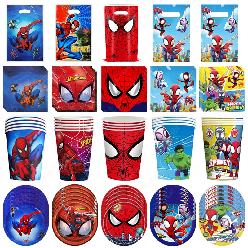 Spiderman Birthday Party Decorations Disposable Tableware Plate Cup Napkins Bags Spidey Party Birthday Decoration Supplies Set