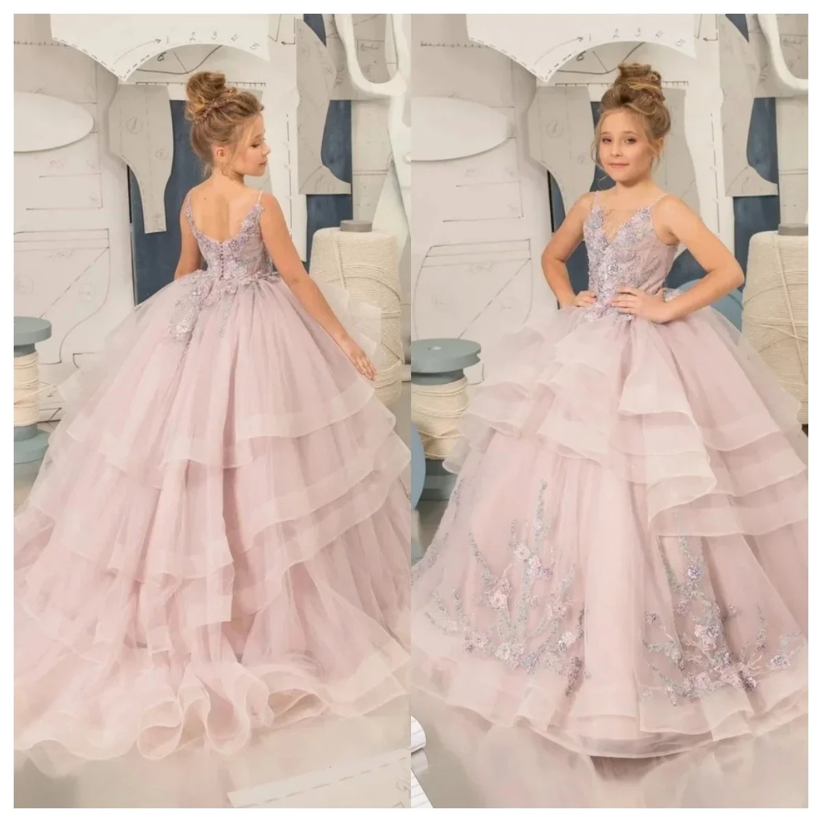 

Розовые платья с цветочным узором без рукавов для девочек на свадьбу, многослойное платье с кружевной аппликацией для девочек для фотосессии, платья для первого причастия по индивидуальному заказу