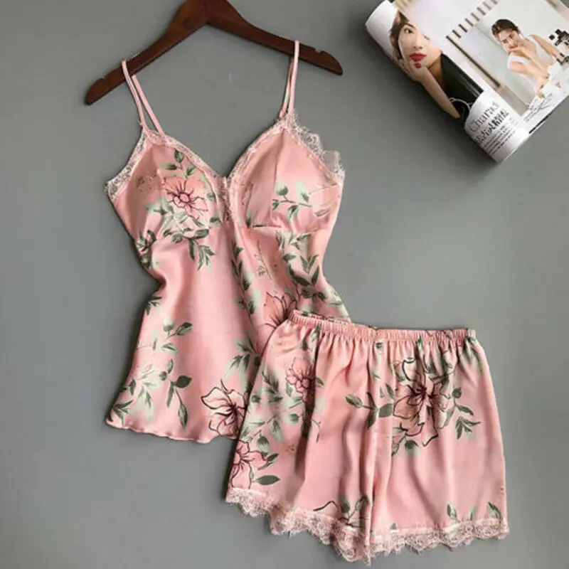 2PCS Women Silk Satin Lace Robe Crop Tops Shorts Sleepwear Floral Print Lace Babydoll Nightdress Pajamas Set Skin Friendly Hot