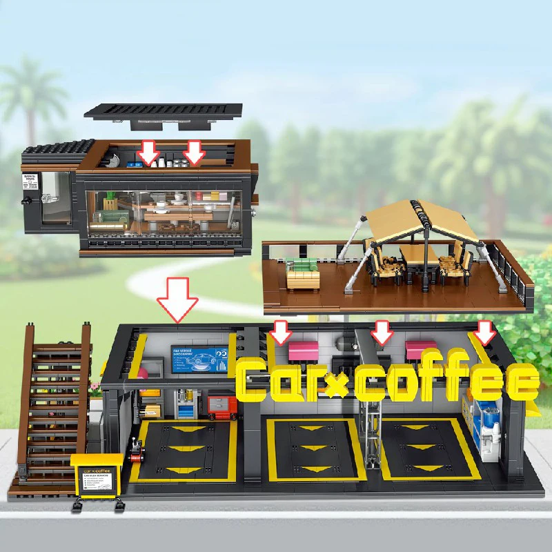 

2496PCS Coffee Truck Club Building Set City Store Architecture Modular Building Block Assembly Model Kit Creative Toy Aduls Gift