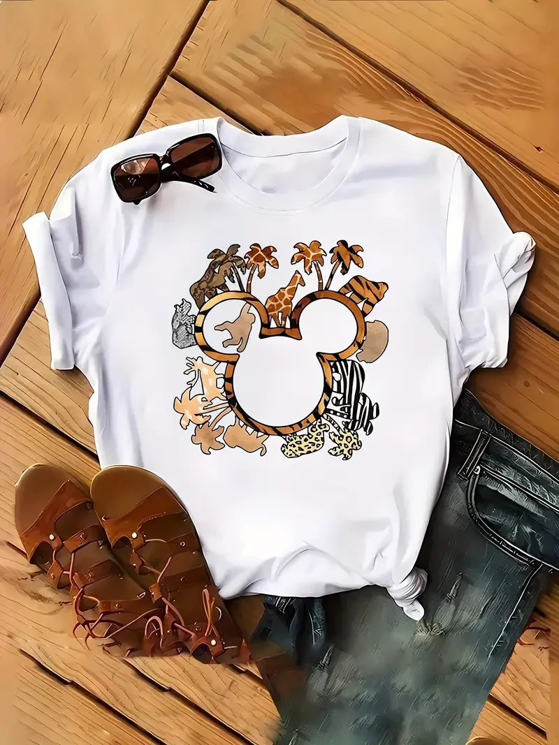 Animal Coconut Tree Print Crew Neck T-Shirt Short Sleeve T-Shirt Casual Kawaii Comfortable Casual Women's Clothing Black Top