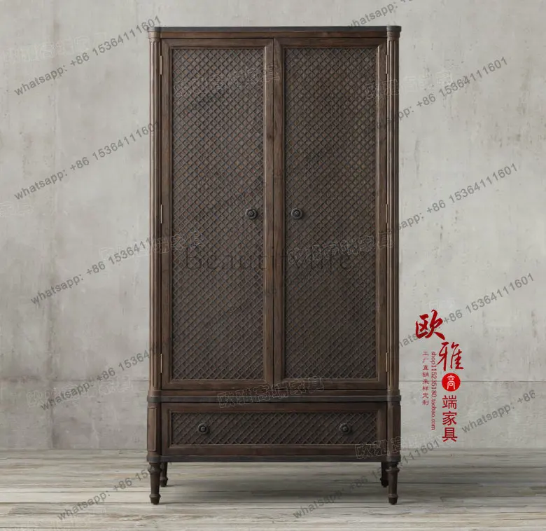 YJ Mediterranean double-door solid wood rattan wardrobe, European antique oak carved pattern wardrobe, American large wardrobe