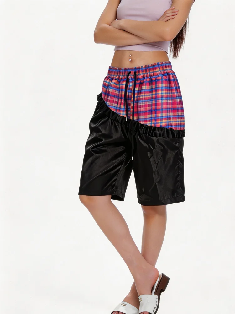 Summer Casual Aesthetic Street Style Color Blocking, Drawstring Waist, Loose Knee Length Shorts, punk Dark Suitable for Both Men