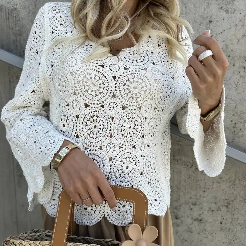New Boho Style Crochet Hollow Out Blouse Women Elegant O Neck Jacquard Knitted Top Pullover Autumn Long Sleeve Loose Shirt Mujer