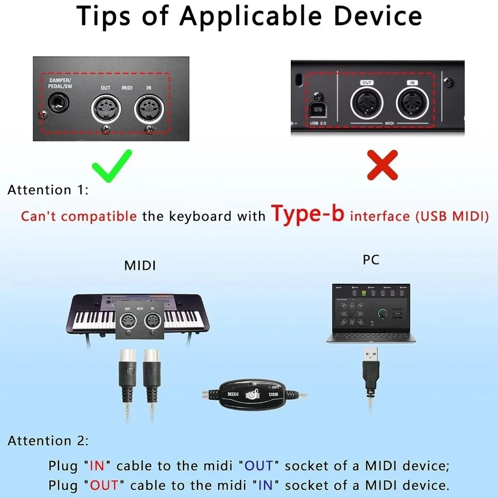 5 Pin MIDI to USB Converter Portable Keyboard to PC Converter MIDI Interface Cable IN-OUT Instrument Supplies MIDI Adapter Cable
