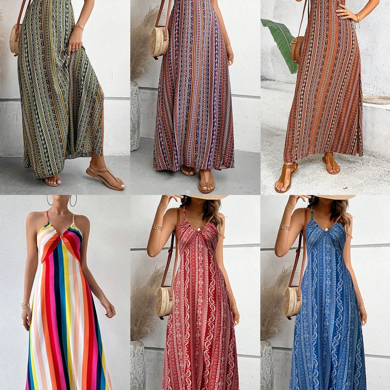 

2026 Women's Summer Ethnic Pattern Backless Split Thigh Dress Ladies Summer Clothes Boho Fashion Frill Trim Long Dress for Beach