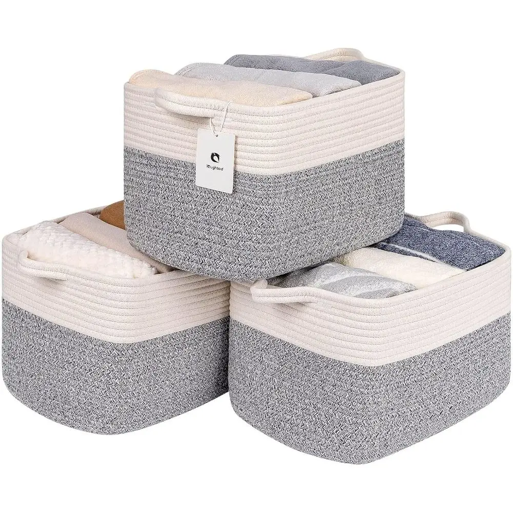 

Dual Pack Large Woven Baskets with Handles for Toy & Fabric Storage, 14L Silver Gray