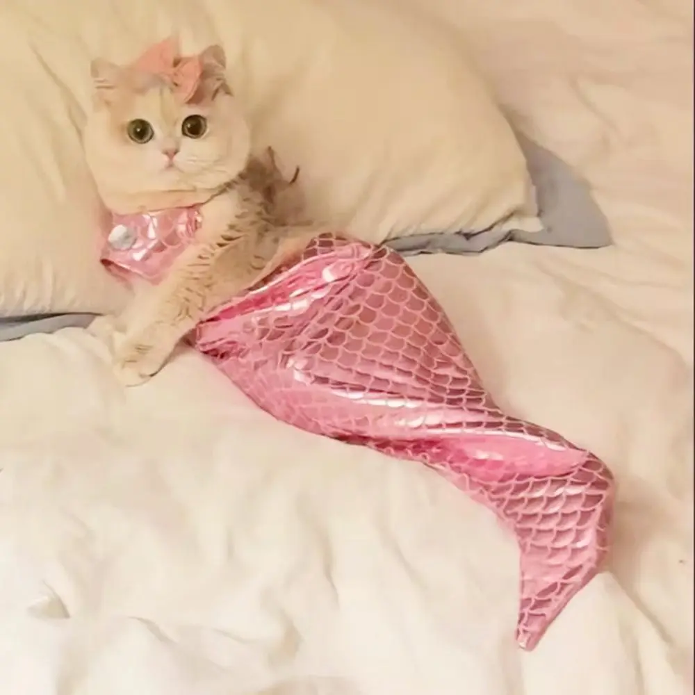 Decorative Cat Mermaid Crossdressing Polyester with Bow Headband Pet Fishtail Swimsuit Swimsuit Soft Pet Cosplay Costume