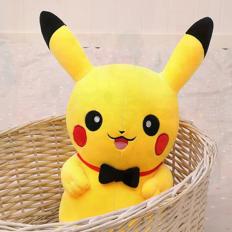Pikachu Plush Doll with Black Bow Tie Cute Anime Pocket Monster Stuffed Toy Soft Plushie Cartoon Figure Collectible Kids Gift