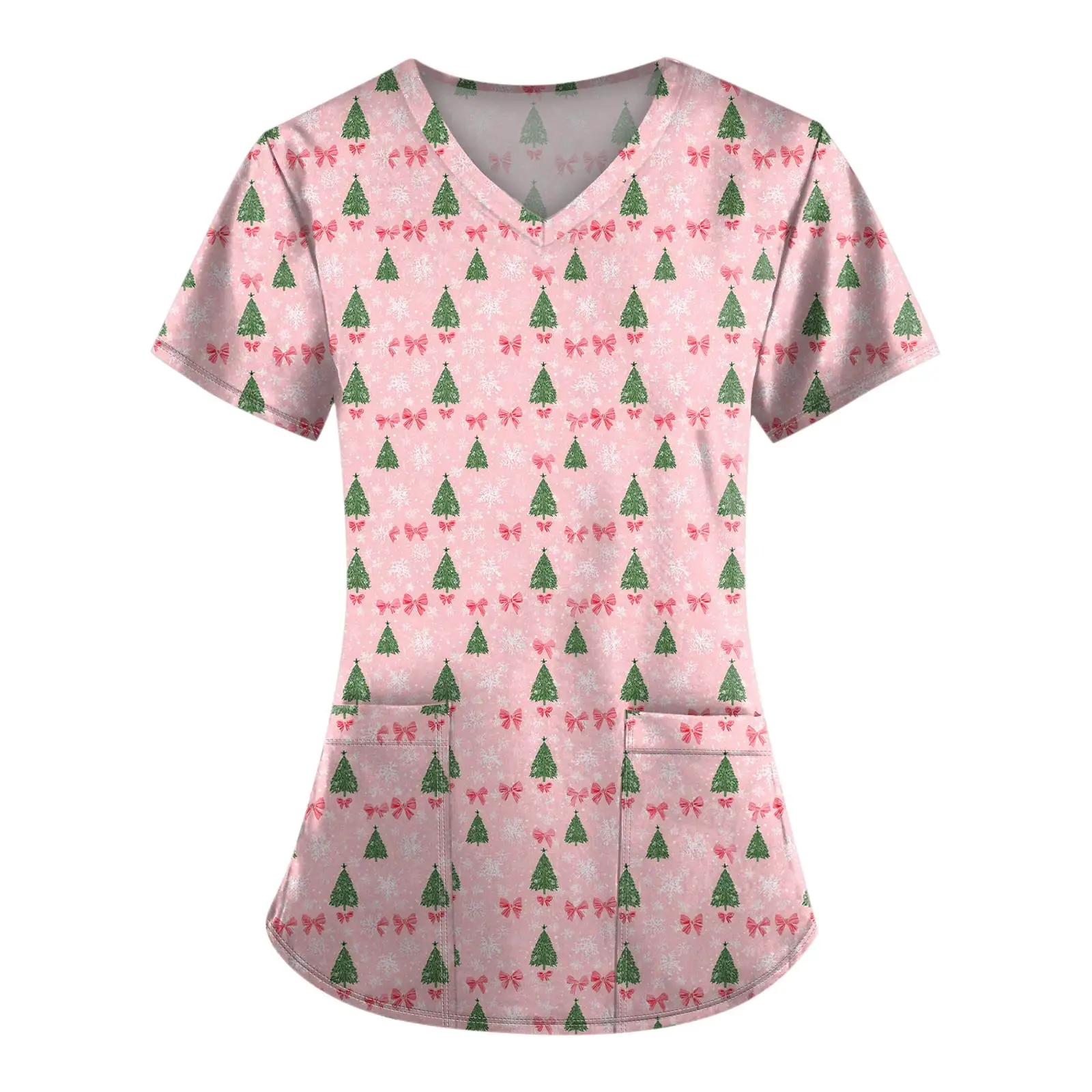 Chemisier de travail ample pour femmes, imprimé de noël, extensible, col en v, manches courtes, hauts médicaux avec poches, accessoire d'hôpital