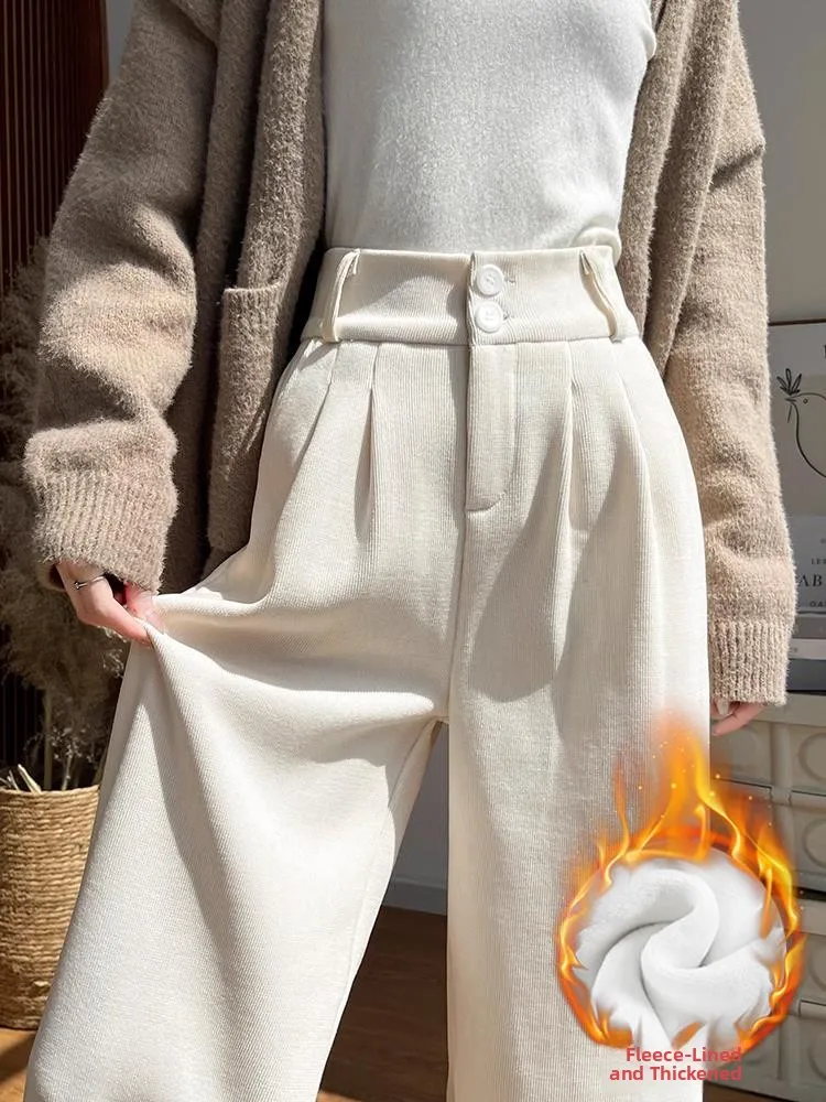 White Corduroy Wide Leg Pants Women's Autumn Winter Slim Straight Drapey Small Size Fleece Lined Suit Trousers Commute Style