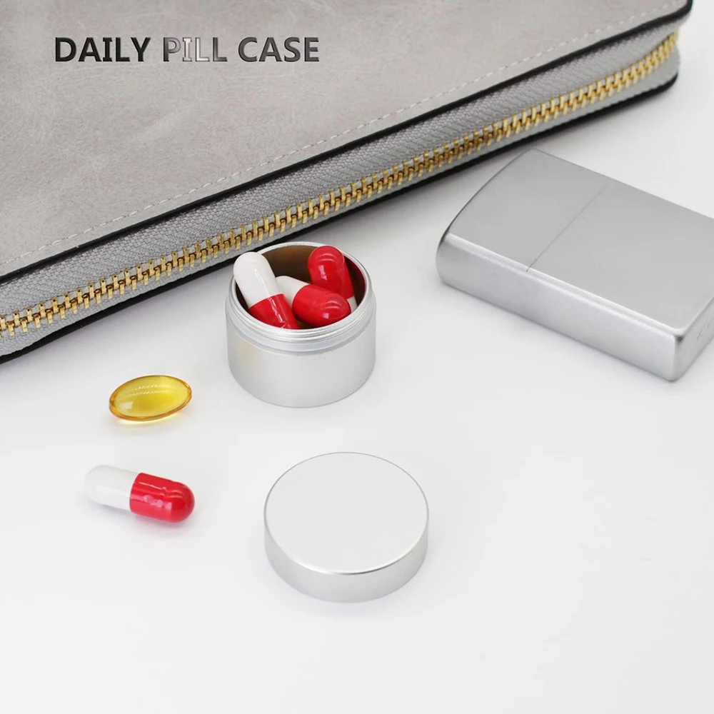 Portable Daily Pill Case,Aluminium Alloy Waterproof Travel Round Pill Box,Pocket Purse Medicine Vitamin Holder Container