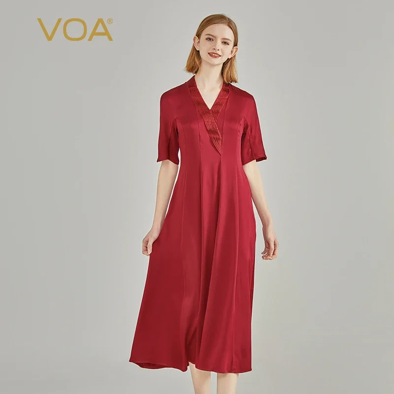 

VOA Silk Sauce Red 40 Momme Double Sided Satin Heavyweight Thick Silk V-neck Raglan Short Sleeve Silk Party Dress Summer AE2129