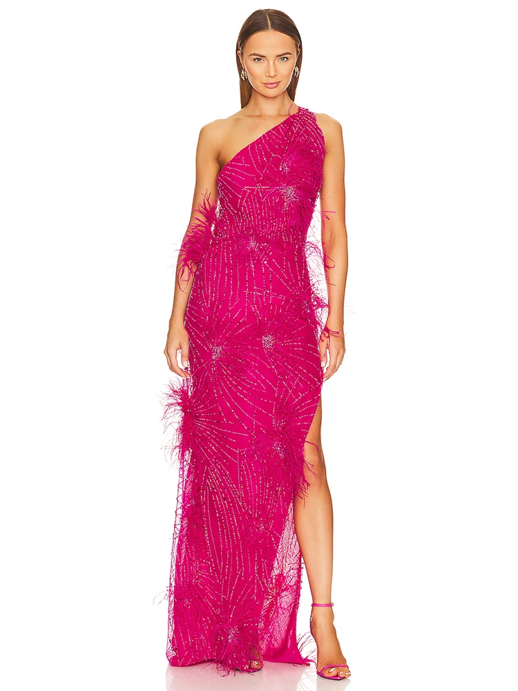 

Sexy One Shoulder Luxury Sequin Feathers Long Dress Women Diagonal Neck Backless High Split Maxi Dresses Evening Party Gowns